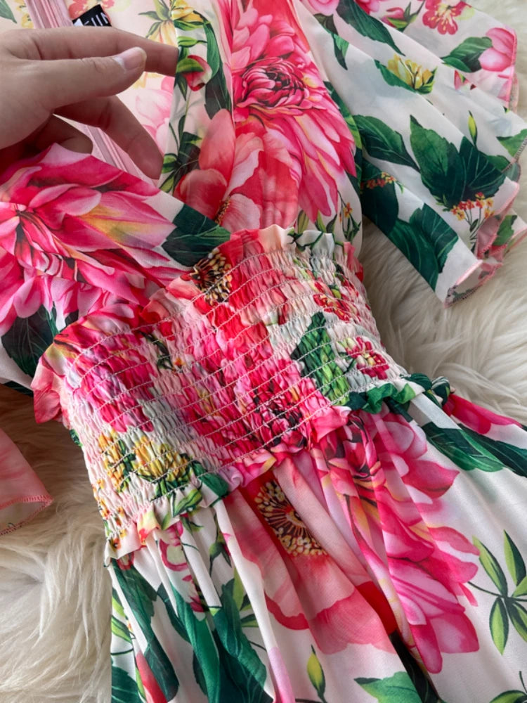 Elegant Party Dress Women Chiffon Printed Floral Long Dresses Ladies Short Sleeve Sexy V-neck Beach Maxi Dress Vestidos