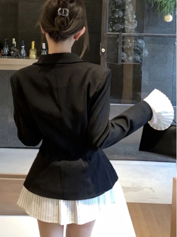 Elegant Patchwork Suit Dress Women Turn-down Collar Single Breasted Flare Sleeve Pleated Autumn Spring Korean Chic New Clothes