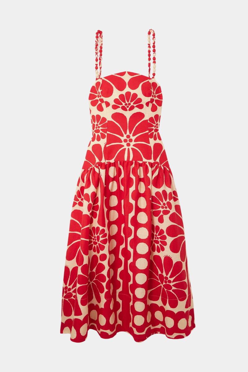 Vestido largo con espagueti floral en rojo de Élisabeth