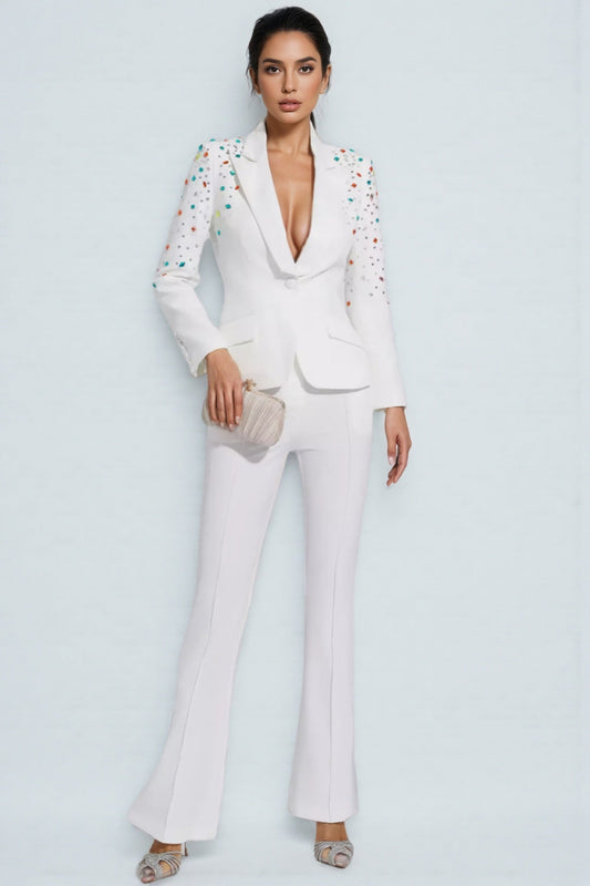 Mavi Coloured Diamonds Blazer Set-White