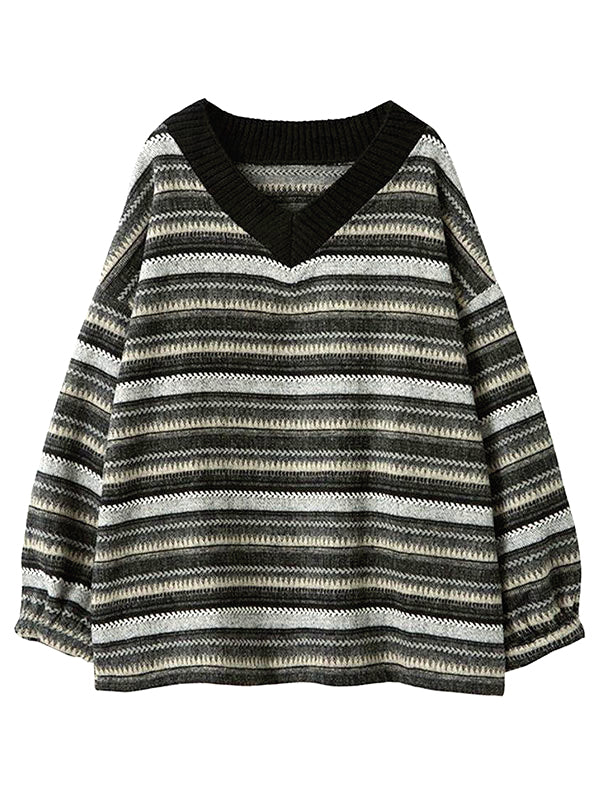 V Neck Striped Knit Sweater