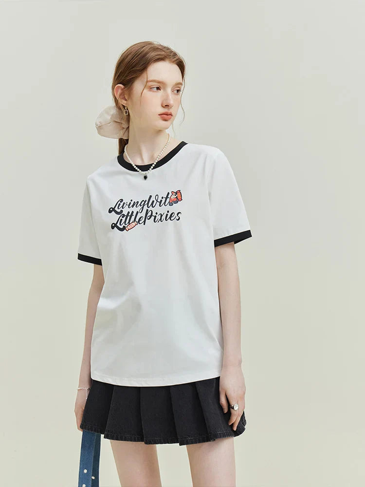 FashionSierra - American Retro Creative Print Contrast Color Short-Sleeved Cotton Tee for Round Neck Letter T-shirt