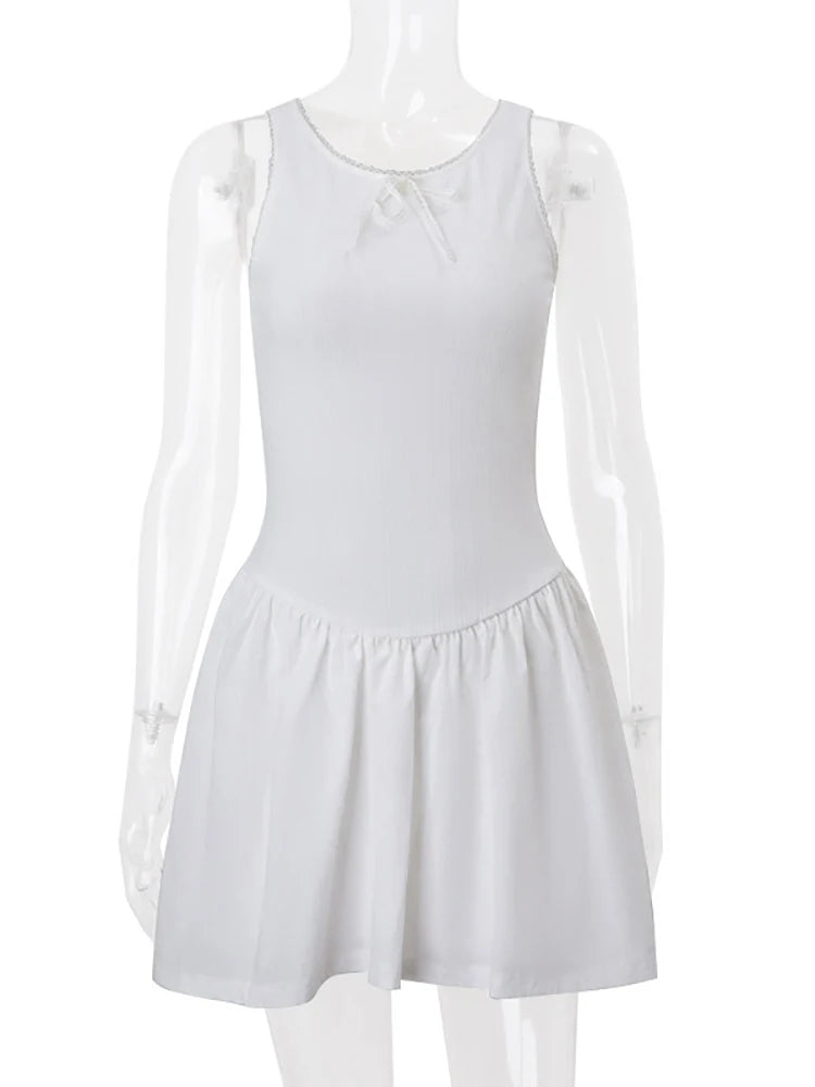 Fantoye Sexy Backless A-line Women Dress White Sleeveless Round Neck Mini Dress Female Summer Loose Casual Streetwear Vestidos