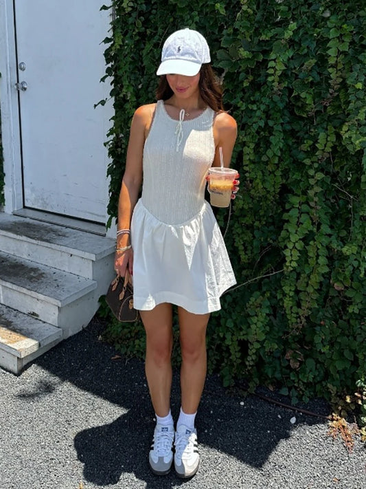 Fantoye Sexy Backless A-line Women Dress White Sleeveless Round Neck Mini Dress Female Summer Loose Casual Streetwear Vestidos