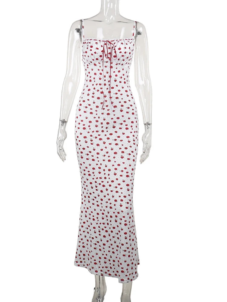 Fantoye Sexy Backless Print Floral Women Dress White Spaghetti Strap Evening Dress Female Summer Elegant Party Clubwear Vestidos