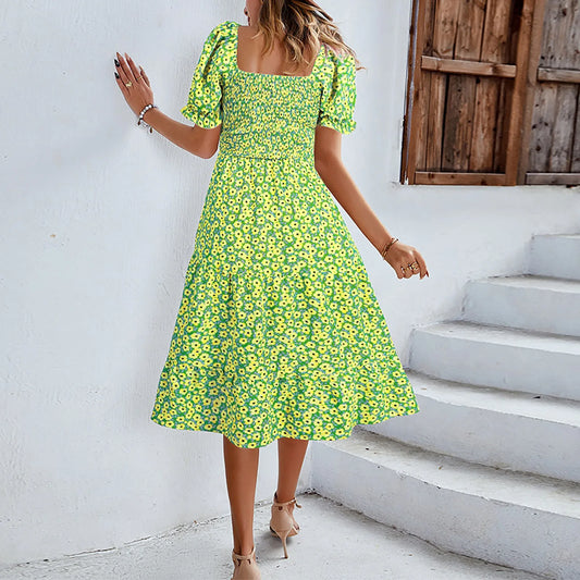 Split Swing Short Sleeve Floral Print Scoop Neck Plus Size Beach Boho Dress