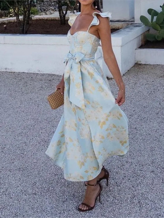 Flowers Print Sleeveless Long Dresses Women Sexy Low Cut Backless Bowknot Leace-up Slit Dress Temperament Lady Vestidos 2025 New