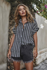 Blusa clásica de rayas oversize de manga corta con botones para mujer | Ideal para primavera/verano