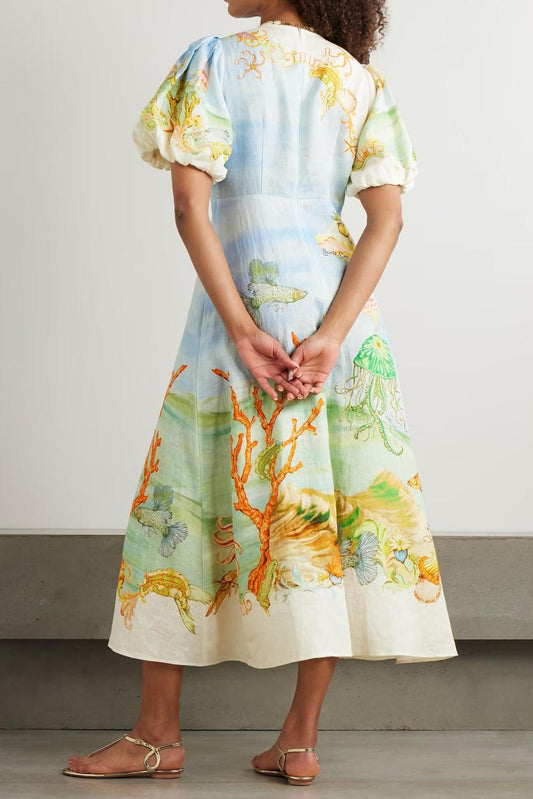 Gathered Printed Linen-Gauze Midi Dress