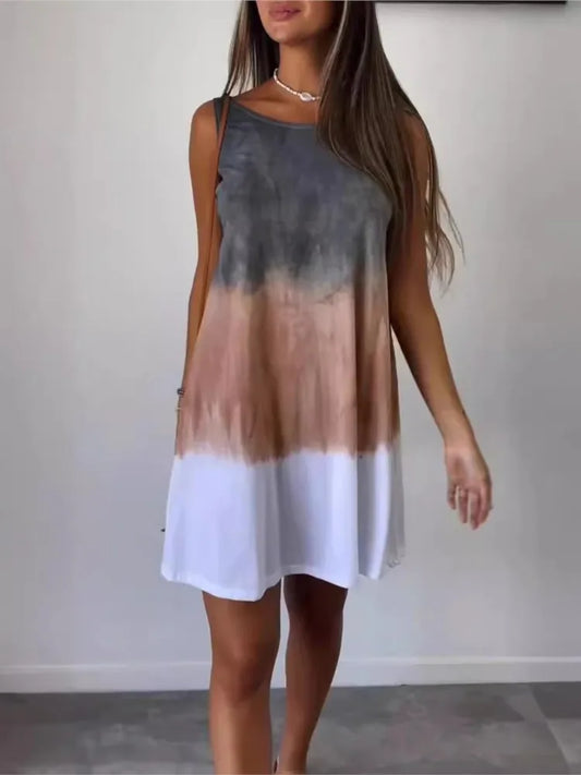 Gradient Tie Dye Print Mini Dresses Women 2025 Summer New Fashion Loose O Neck Sleeveless Dress Trendy Streetwear Lady Vestidos
