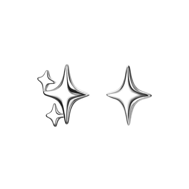 Asymmetric Four-pointed Star Earrings for Women Silver Fairy Stud Jewelry