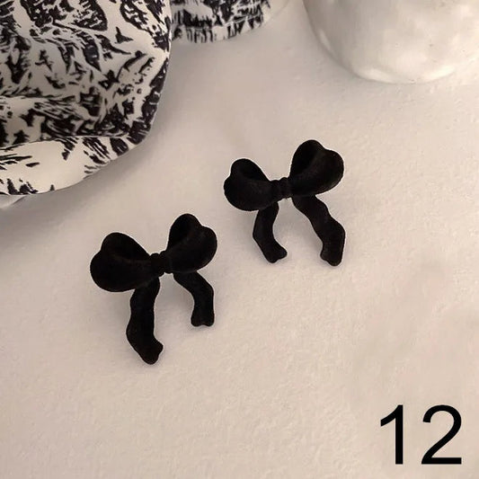 Korean Dangle Drop Earrings Black Tulle Yarn Rhinestone Bow Knot Kawaii Fashion Jewelry for Women Fall Winter