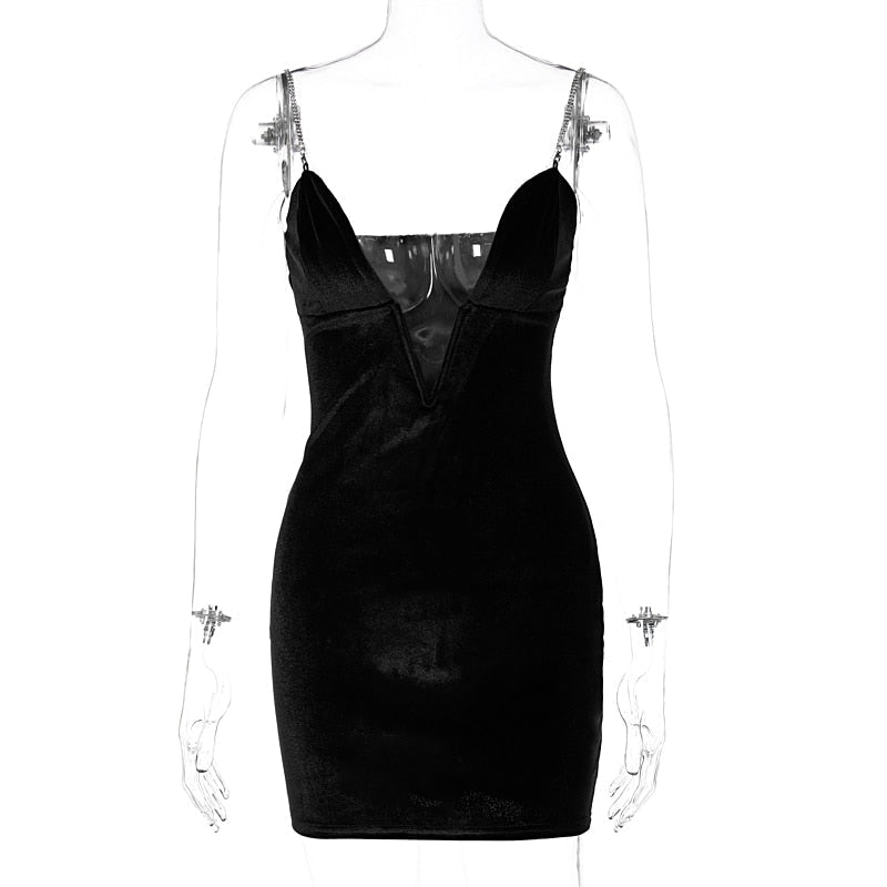 Voguable Velvet Sleeveless Deep V Neck Metal Slip Mini Dress Evening Party Elegant Streetwear Y2K