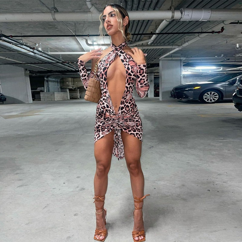 Voguable outfits Long Removable Sleeves Backless Butterfly Print Hollow Out Dress Fall Streetwear Y2K