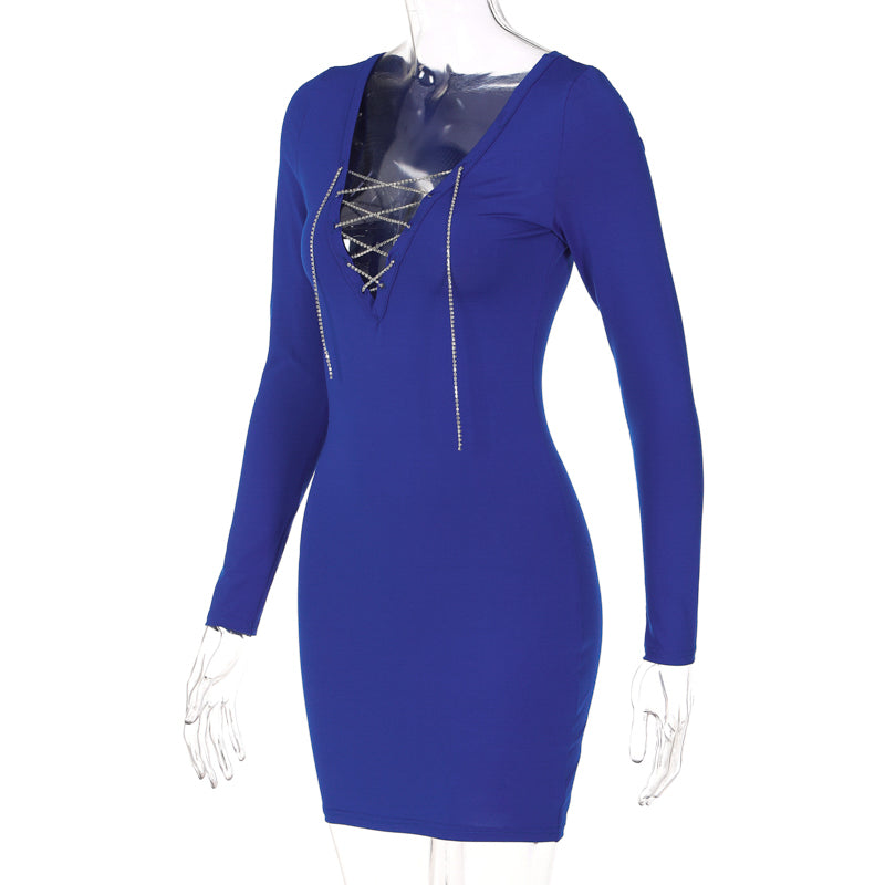 Voguable Diamond Bandage Pure Color V Neck Skinny Mini Dress Bodycon Party Streetwear Concise Y2K