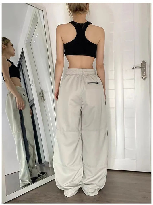 Y2K Beige Parachute Vintage Streetwear Patchwork Baggy Oversize Sweatpants Trendy Pant
