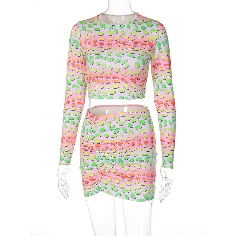 Voguable Colorful Spot Print Long Sleeve Crop Top Pleated Mini Dress 2 Piece Set Y2K Streetwear Outfit Fashion