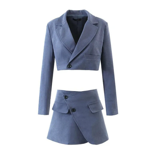 Vintage Sexy One Button Short Women Corduroy Blazer High Waist Irregular Cross Slit Mini Skirt Long Sleeve Suits 2 Pieces Set