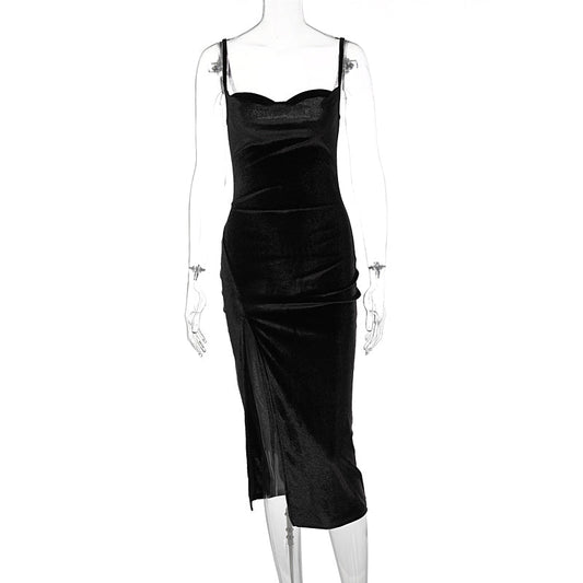 Voguable Velvet Swing Collar Sleeveless Slip Slit Maxi Dress Evening Party Elegant Streetwear Y2K