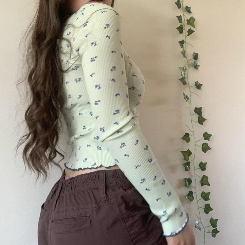 Voguable y2k Floral Print T-shirt Sweet Girl Square Collar Frill Full Sleeve Crop Top Aesthetic Fairy Grunge Vintage Pullovers Tees