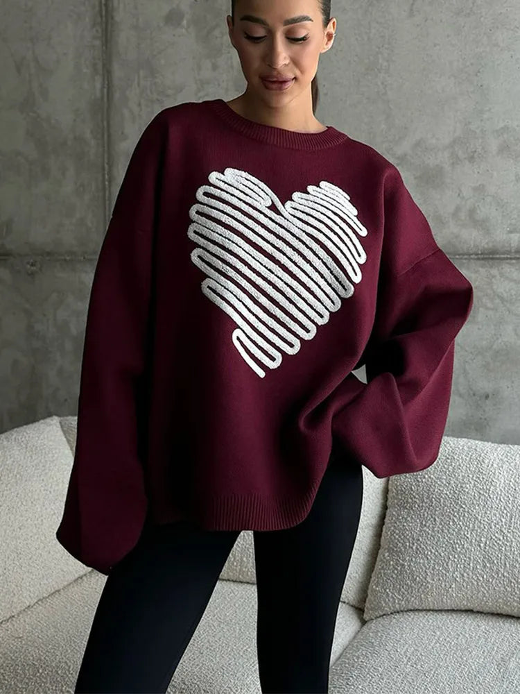 Heart Pattern Embroidery Women Knitted Jumper Round Neck Long Sleeve Loose Sweater