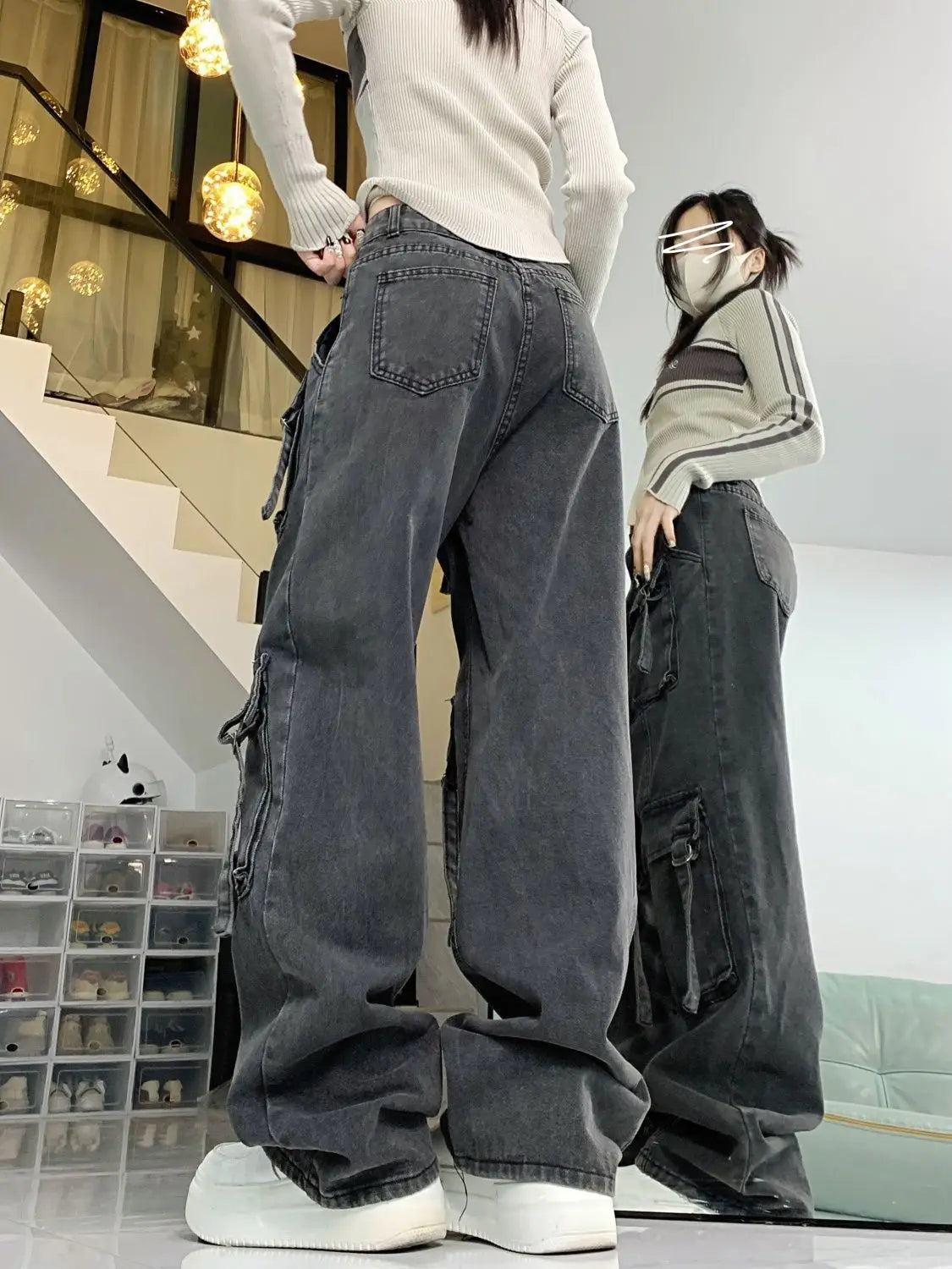 Washed Multi-pocket Cargo Pants Women Dark Grey Personality High Waisted Pants