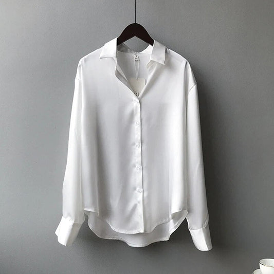 Blusa elegante de satén con botones y manga larga para mujer | Ideal para primavera/verano