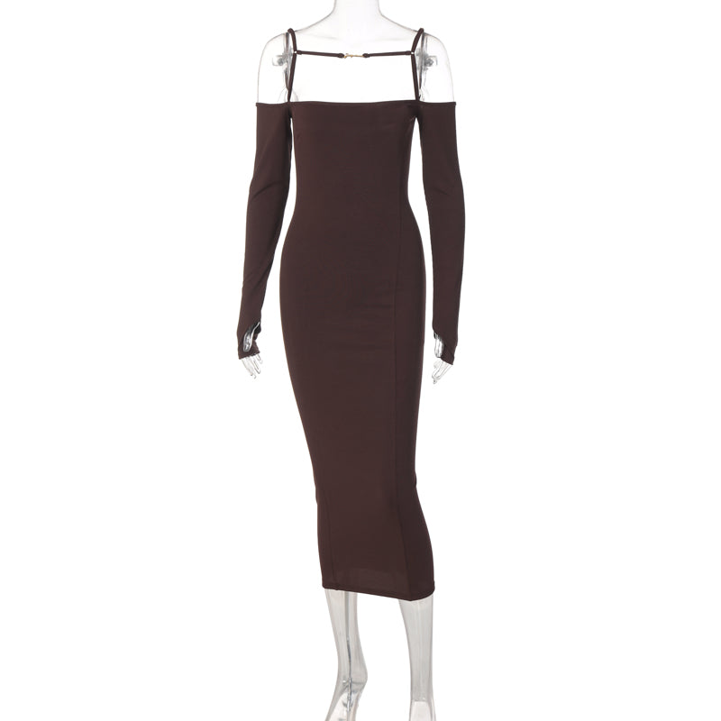Voguable Ribbed Solid Slash Neck Slip Long Sleeves Bodycon Mini Dress Elegant Streetwear Evening Party Y2K