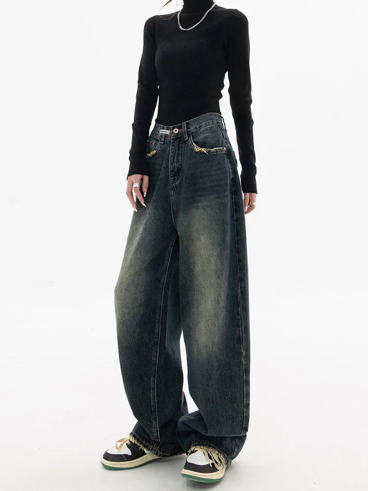 Harajuku Vintage Style Streetwear Loose Fashion Femme Wide Leg Denim Jeans