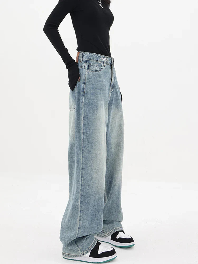 Vintage Style High Waist Loose Wide Leg Denim Jeans