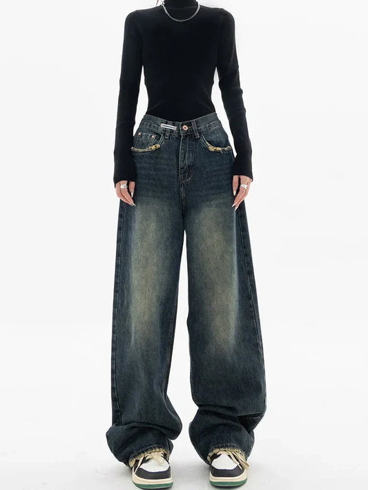 Harajuku Vintage Style Streetwear Loose Fashion Femme Wide Leg Denim Jeans