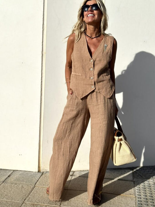 Conjunto elegante de dos piezas de chaleco y pantalón de lino marrón para mujer | Ideal para primavera/verano