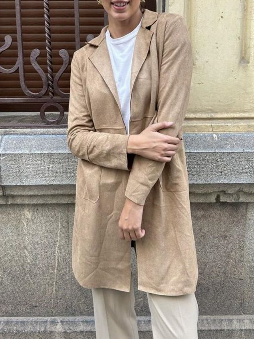 Blazer elegante de ante de largo medio con bolsillos para mujer | Para uso diario
