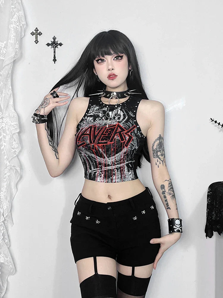 Harajuku Punk Rivet Print Top