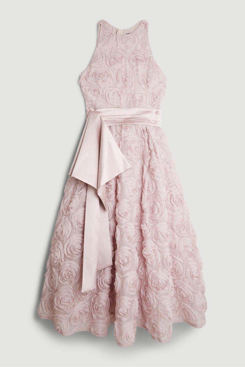 3D Floral Sleeveless Midi Dress With Belt
