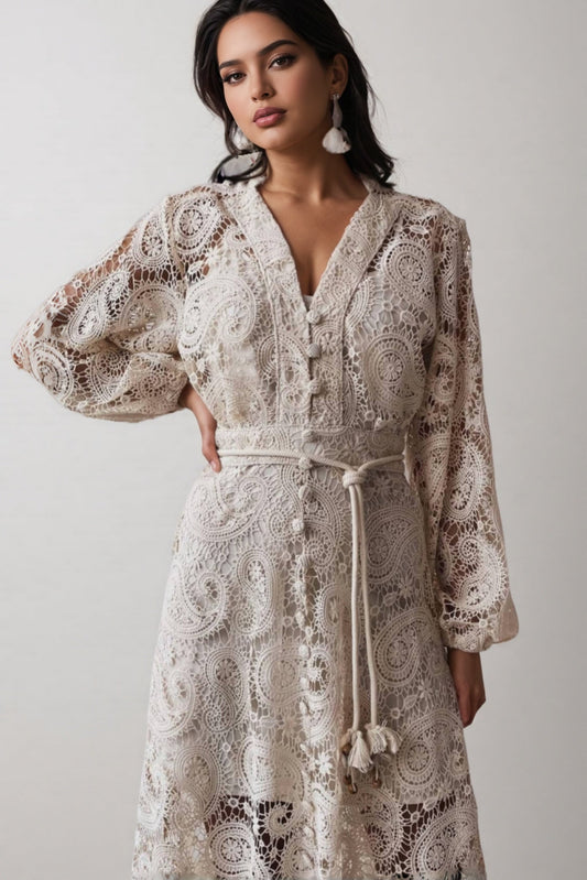 Theod Lace Lantern Sleeve Midi Dress