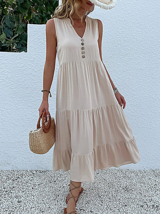 JIM & NORA Summer Women Sleeveless Tank V Neck Buttons Ruffle Loose Beach Solid Sun Fashion Midi Dress