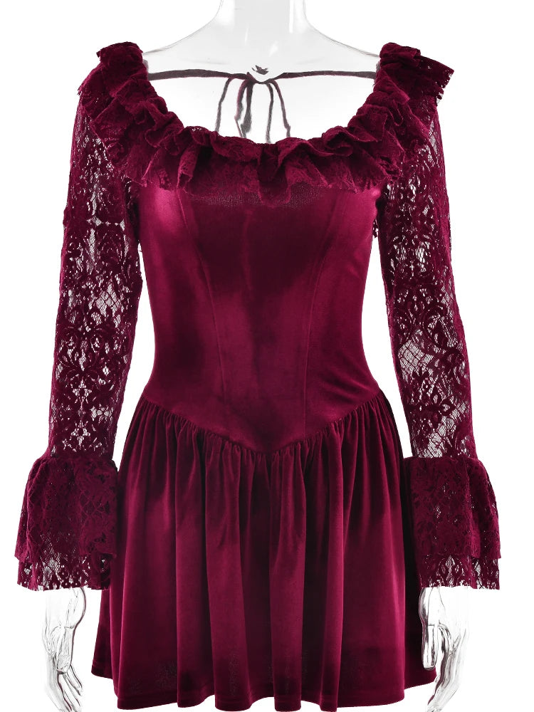 JULISSA MO Patchwork Flare Sleeve Lace Women Mini Dress Sexy See Through High Waist Dress Female Winter New Elegant Party Outfit