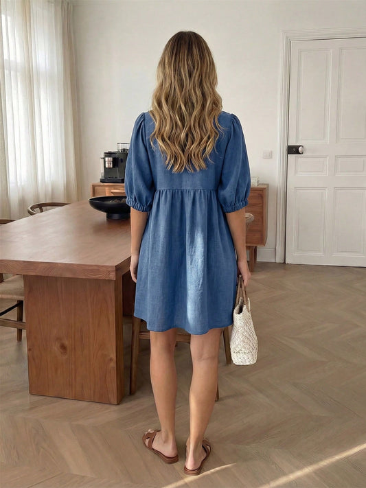 V Solid Color Short Dress With Cross-neck Tie And Bow
