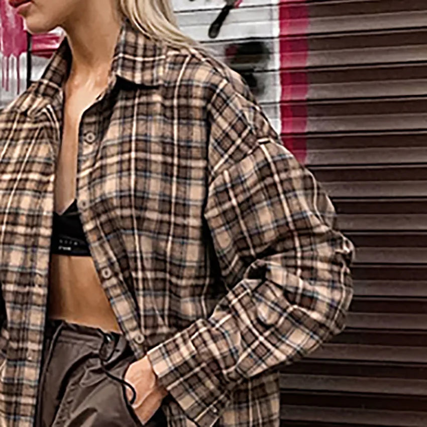 Plaid Spring Vintage Casual Long Sleeve Turn-down Collar Ladies Baggy Button Up Clothes Blouse