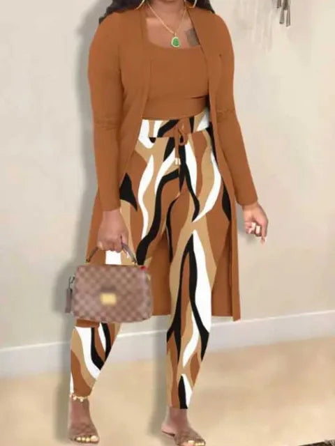 Plus Size Autumn Winter 2 Piece Sets Women Outfit Cami Pattern U Neck Long Sleeve Drawstring Three Piece Skinny Pants Set
