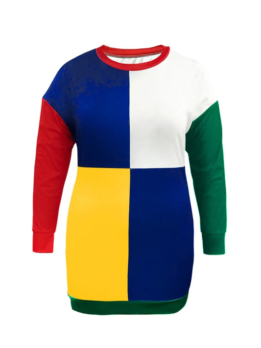 Plus Size Color Lump Patchwork Dress Women Long Sleeve Round Neck Drop Shoulder Autumn Winter Straight Mini Dresses
