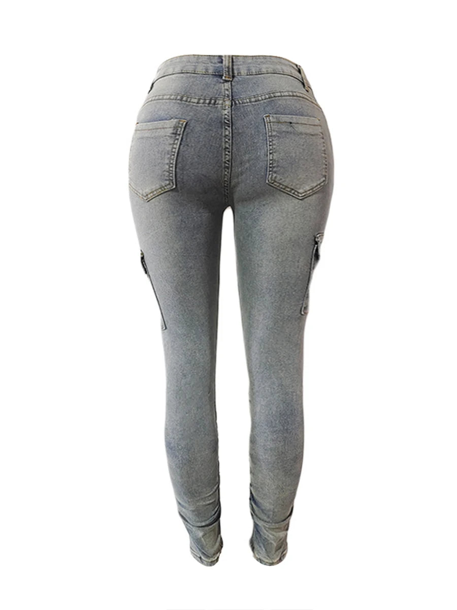 Plus Size High Waist Side Flap Pocket Cargo Jeans Women Zipper Ruched Design Skinny Trouser