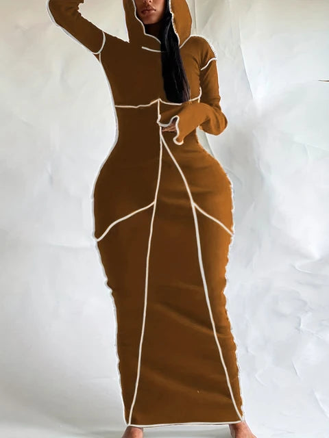 Plus Size Lady Sexy Women¡¯s Autumn Winter Dress Hooded Collar Striped Bodycon Elegant Black Long Sleeve Sweat Dresses