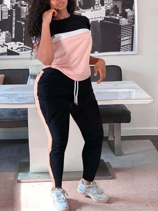 Plus Size Patchwork Drawstring Pants Set Women Color Block Skinny Short Sleeve Trousers Two Pieces Matching Suits Outfit