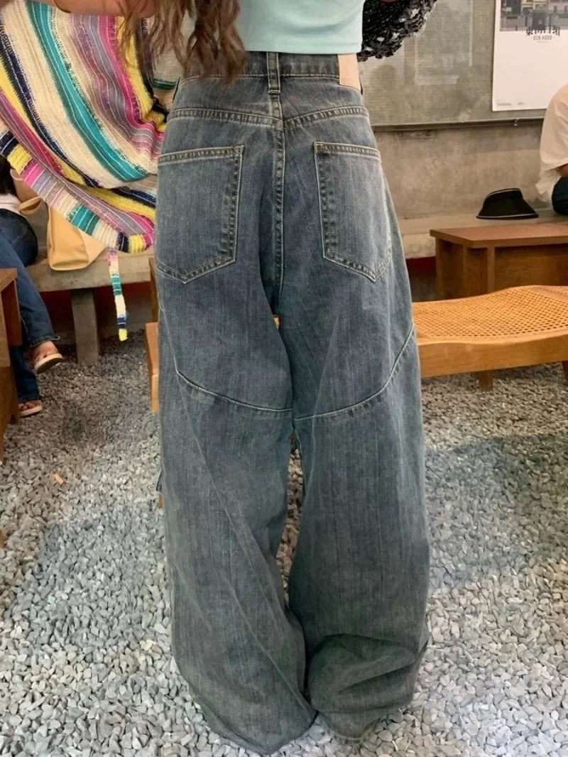 Retro Punk Style Large Pocket Tooling Jeans Women's Street Fashion Pants