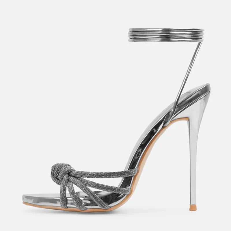 Bold New Arrival Silver Crystal Narrow Band Open Toe High Heel