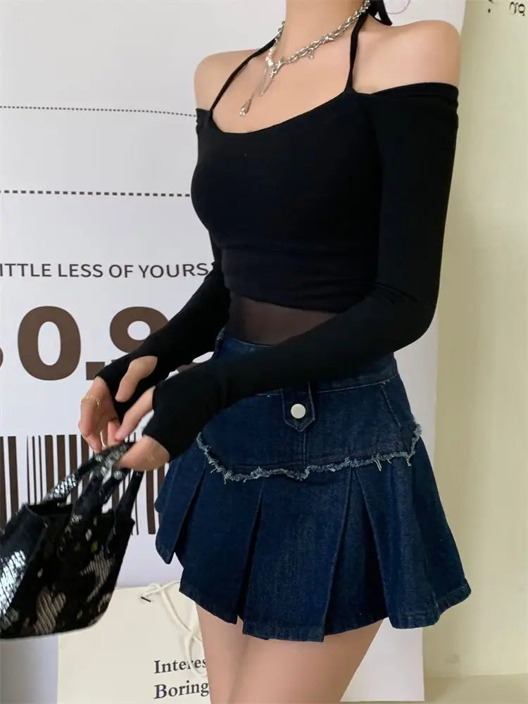 Long Sleeve Top Womens Halter 2025 Casual Tee Shirt Gauze Trendy Off Shoulder T Shirts Femme Y2k Crop Top Streetwear Party Club