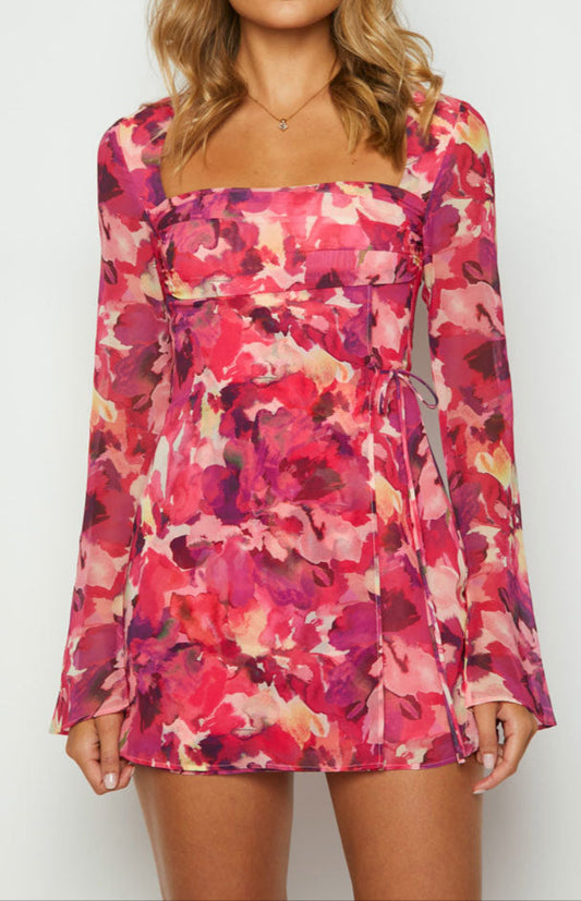 Abriana Pink Print Long Sleeve Mini Dress