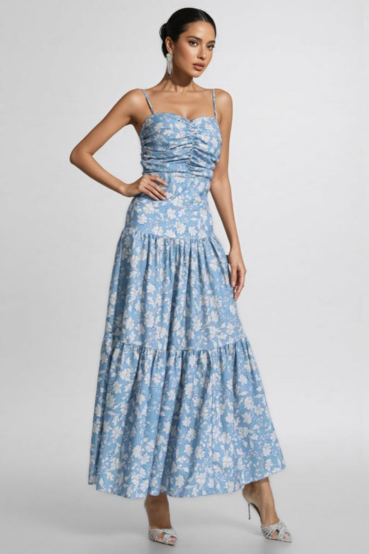 Corek Blue Floral Ruched Slip Maxi Dress